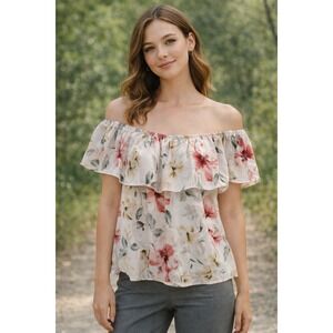 Hollister Floral Off the Shoulder Top Womens Small Pink Cream Ruffle Chiffon Y2K